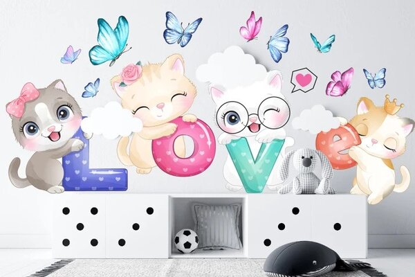 Zidna naljepnica za djevojčice mačiće sa natpisom LOVE 60 x 120 cm