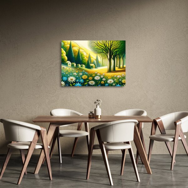 Staklena slika - Selo u žuto-zelenoj boji (70x50 cm)