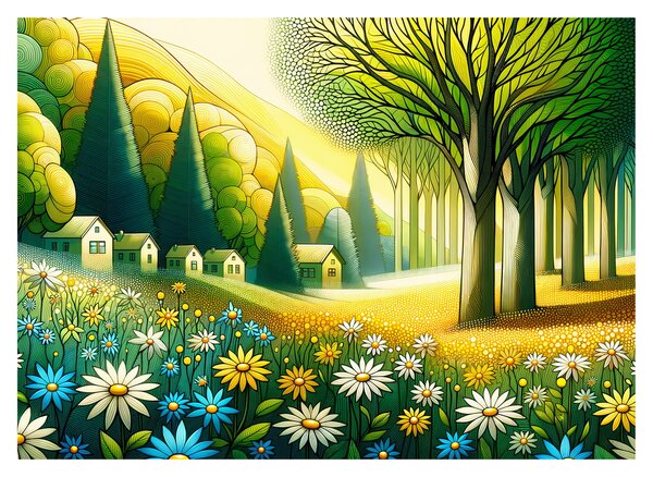 Staklena slika - Selo u žuto-zelenoj boji (70x50 cm)