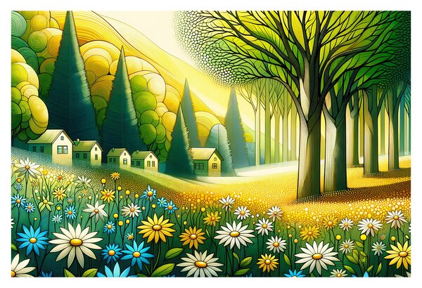 Slika - Selo u žuto-zelenoj boji (90x60 cm)