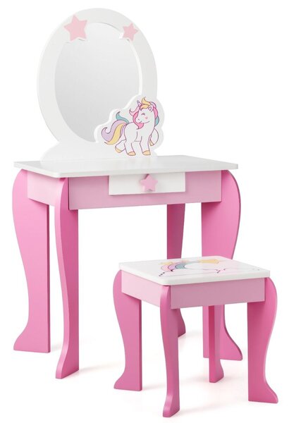 Dječji toaletni stolić i tabure, s ogledalom koje se može ukloniti, ružičast/bijeli