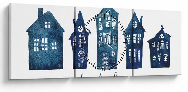 Slika - Plave akvarel kuće (sa satom) (90x30 cm)