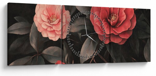 Slika - Crveni cvjetovi na tamnoj pozadini (sa satom) (90x30 cm)