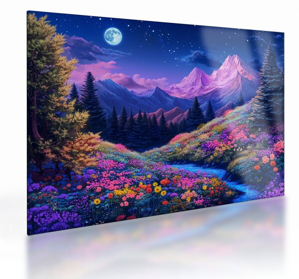 Staklena slika - Ljubičasti krajolik pri punom mjesecu (70x50 cm)