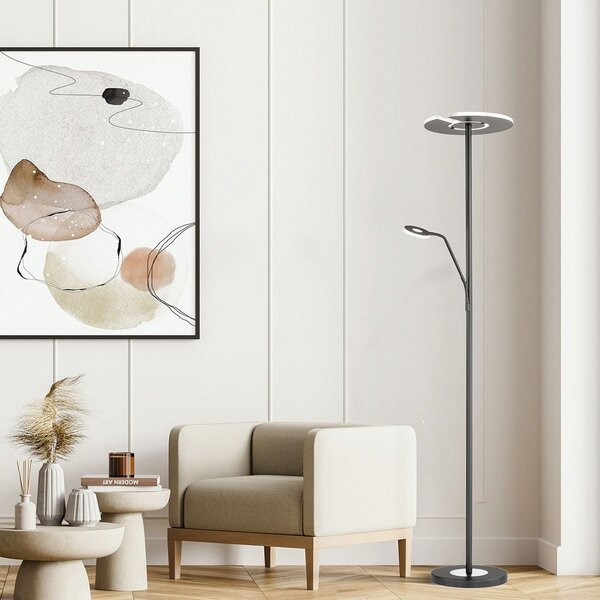FISCHER & HONSEL Dent LED podna lampa, crna, 180 cm, CCT, 2 žarulje, prigušiva, Crno, Dnevni boravak/blagovaonica, Metal, Svjetlo za čitanje