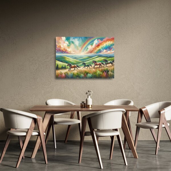 Staklena slika – Konji koji galopiraju kroz krajolik (70x50 cm)
