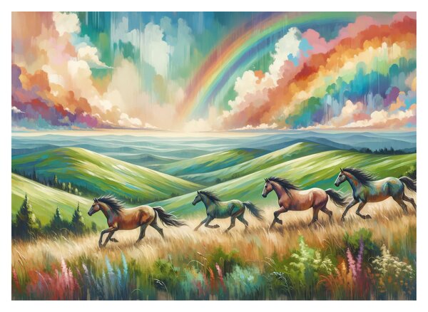 Staklena slika – Konji koji galopiraju kroz krajolik (70x50 cm)