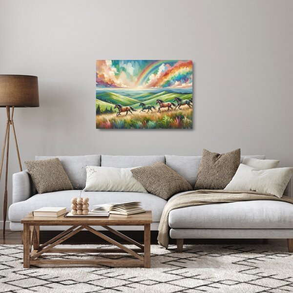 Staklena slika – Konji koji galopiraju kroz krajolik (70x50 cm)
