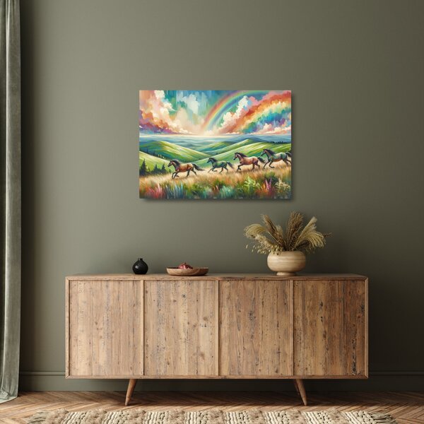 Staklena slika – Konji koji galopiraju kroz krajolik (70x50 cm)