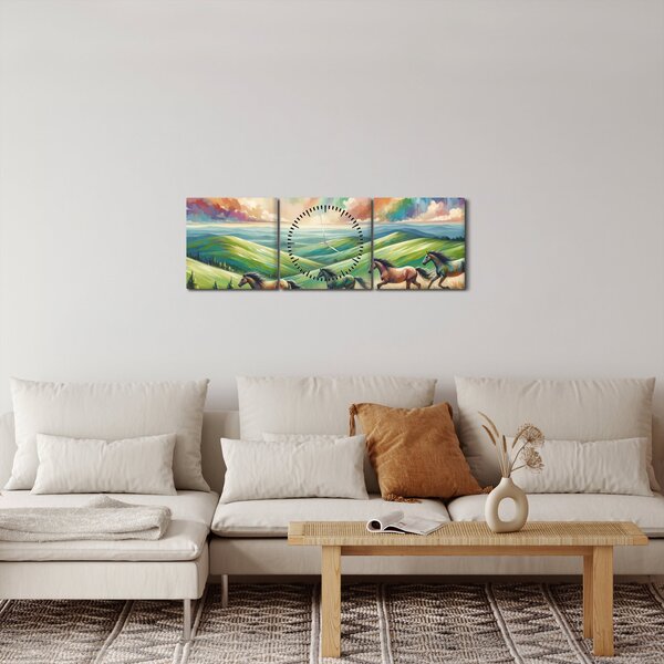 Slika – Konji koji galopiraju kroz krajolik (sa satom) (90x30 cm)