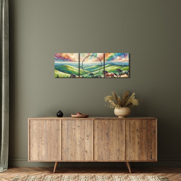 Slika – Konji koji galopiraju kroz krajolik (sa satom) (90x30 cm)