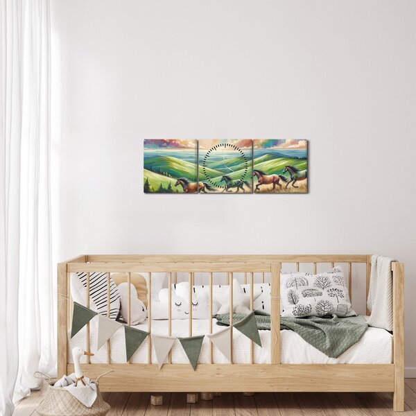Slika – Konji koji galopiraju kroz krajolik (sa satom) (90x30 cm)