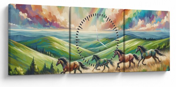 Slika – Konji koji galopiraju kroz krajolik (sa satom) (90x30 cm)