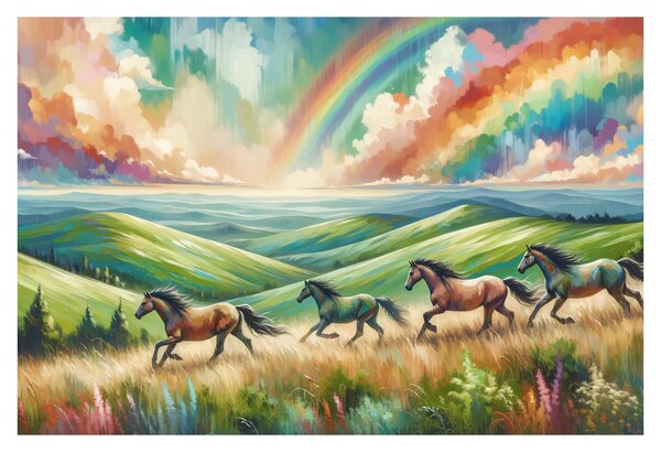 Slika – Konji koji galopiraju kroz krajolik (90x60 cm)