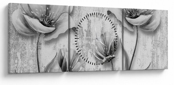Slika - Crno-bijelo cvijeće na pozadini (sa satom) (90x30 cm)