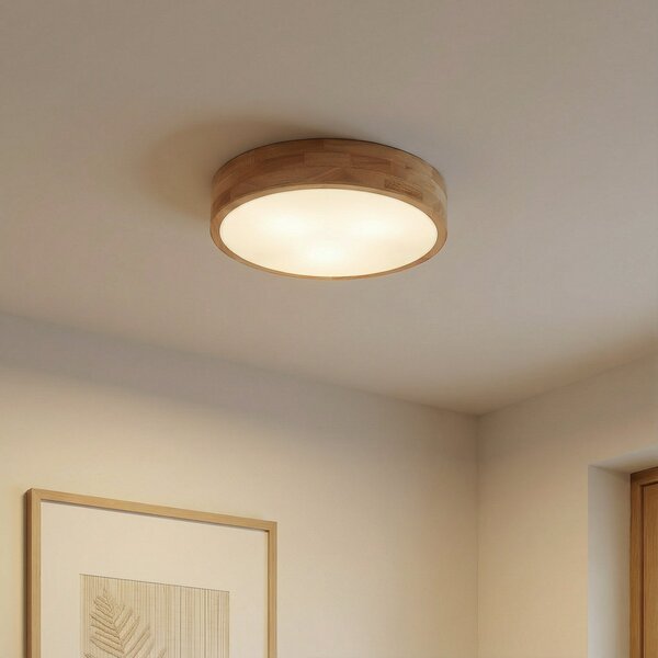 Lindby Tanju stropna lampa, Ø40 cm, 3 sjenila, gumawood, E27, prigušiva, Drvo, Dnevni boravak/blagovaonica, Drvo
