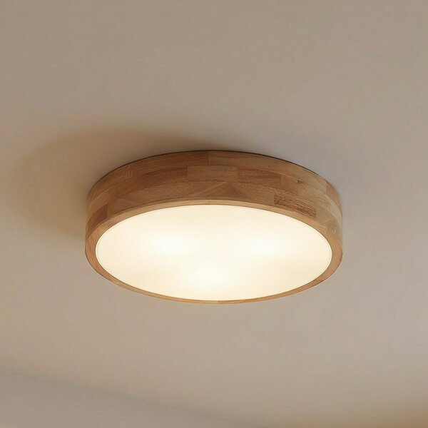 Lindby Tanju stropna lampa, Ø40 cm, 3 sjenila, gumawood, E27, prigušiva, Drvo, Dnevni boravak/blagovaonica, Drvo