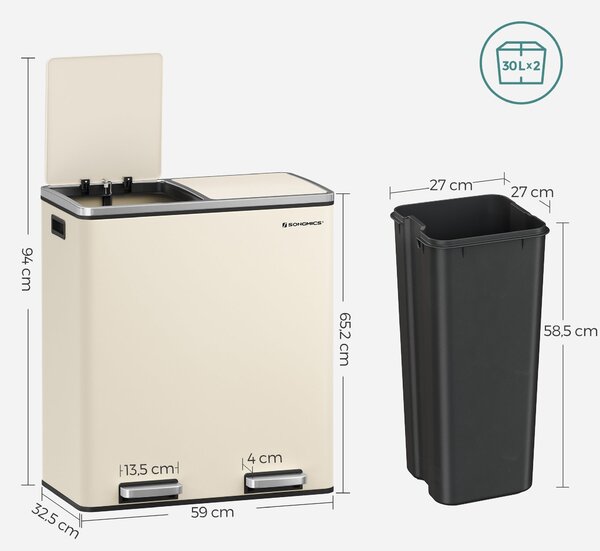 SONGMICS dvostruka kanta za smeće, 2x30l, krem boja