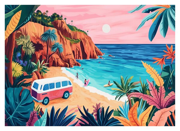 Staklena slika - Karavan uz ocean (70x50 cm)
