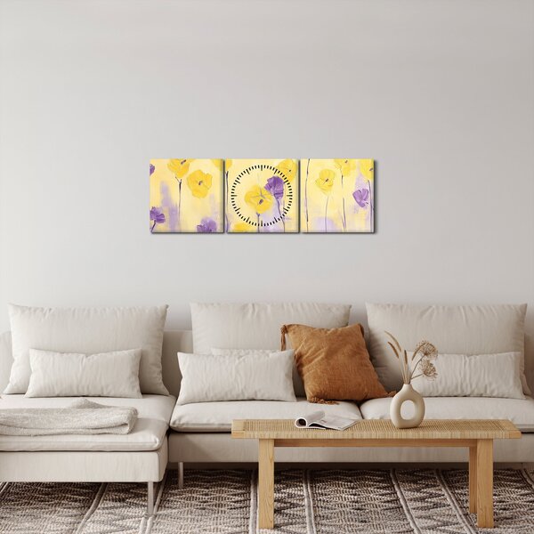 Slika - Ljubičasti i žuti cvjetići (sa satom) (90x30 cm)