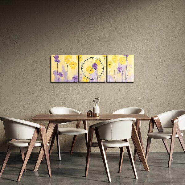 Slika - Ljubičasti i žuti cvjetići (sa satom) (90x30 cm)
