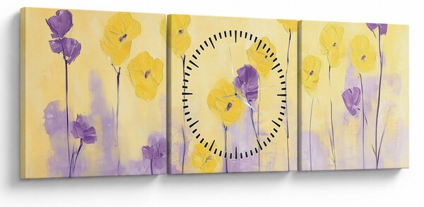 Slika - Ljubičasti i žuti cvjetići (sa satom) (90x30 cm)