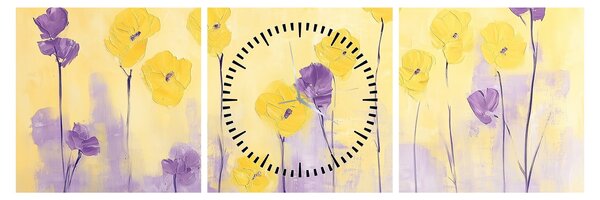 Slika - Ljubičasti i žuti cvjetići (sa satom) (90x30 cm)