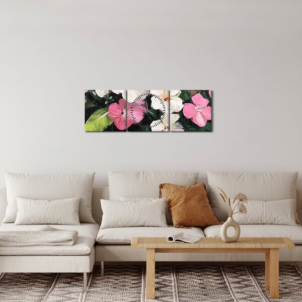 Slika - Ružičasti i bijeli cvjetovi (sa satom) (90x30 cm)