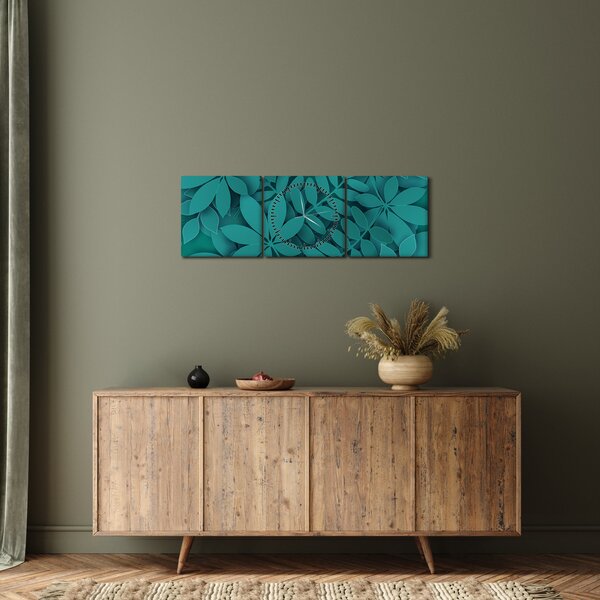 Slika - Tirkizno lišće (sa satom) (90x30 cm)