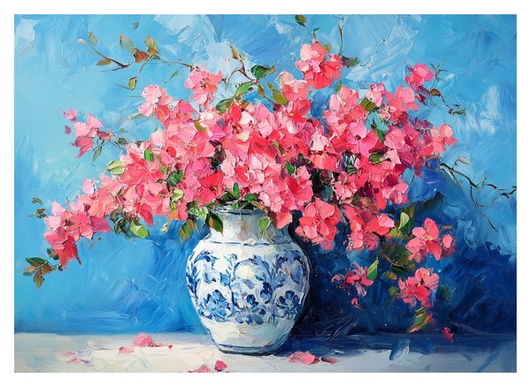 Staklena slika - Vaza s ružičastim cvijećem (70x50 cm)