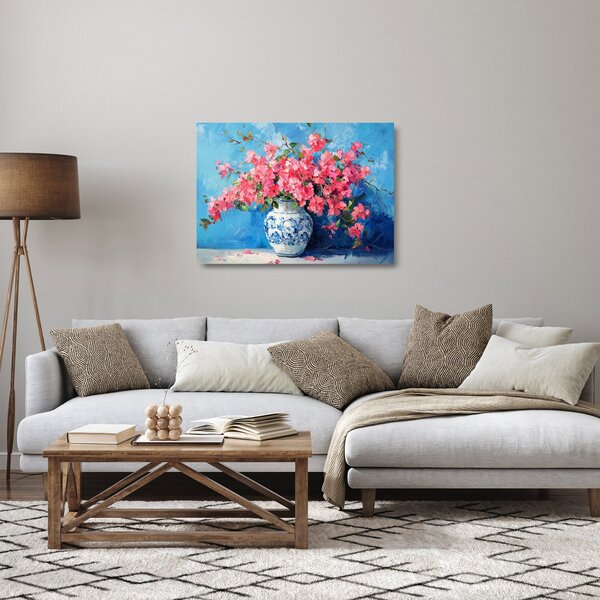 Staklena slika - Vaza s ružičastim cvijećem (70x50 cm)