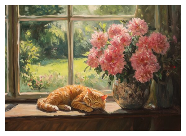 Staklena slika - Mačka na prozoru (70x50 cm)