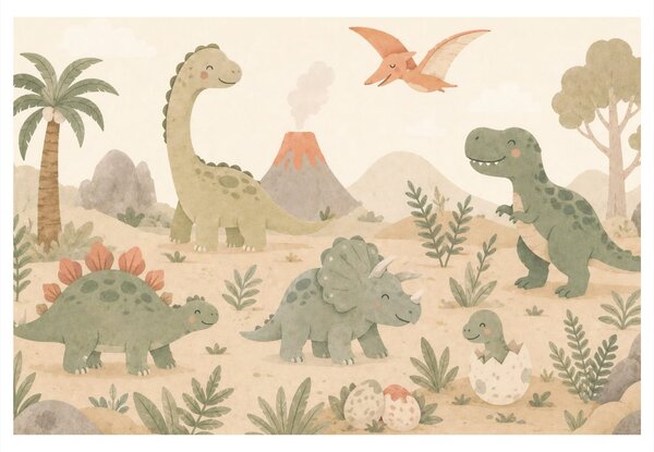 Slika krajolik dinosaura s vulkanom