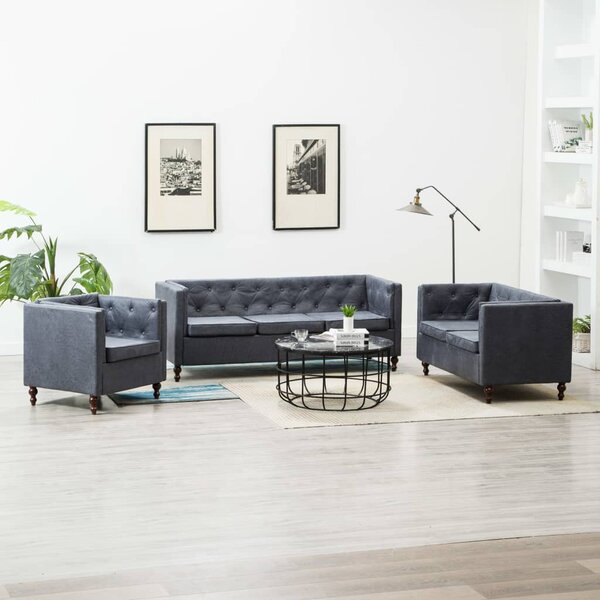 VidaXL 3-dijelni set sofa Chesterfield s presvlakom od tkanine sivi