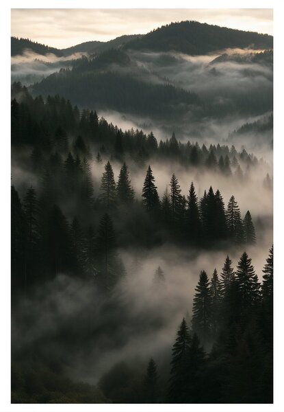 Slika tihi crnogorični šumski krajolik u magli
