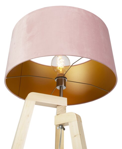 Podna lampa tronožac drvo s ružičastim plišanim sjenilom 50 cm - Puros