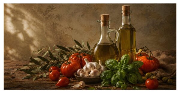 Slika rustikalna kompozicija rajčica i bosiljka
