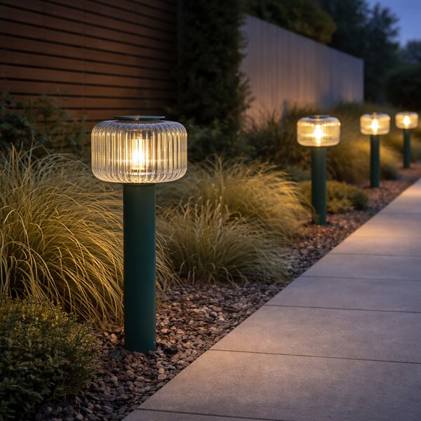 Moderna vanjska bitva zelena s rebrastim staklom uklj. LED solarna IP65 - Ribble Mushroom