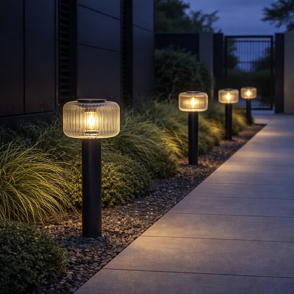 Moderna vanjska bitva crna s rebrastim staklom uklj. LED solarna IP65 - Ribble Mushroom