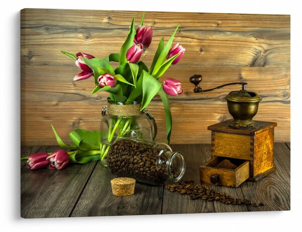 Slika - tulipani, mlinac i kava (70x50 cm)