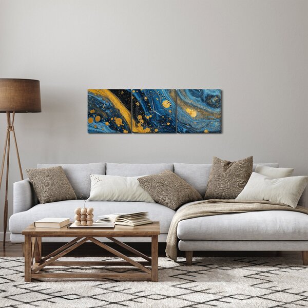 Slika - Plava apstrakcija sa zlatom (sa satom) (90x30 cm)