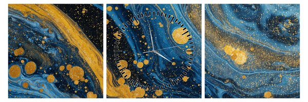 Slika - Plava apstrakcija sa zlatom (sa satom) (90x30 cm)