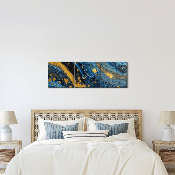 Slika - Plava apstrakcija sa zlatom (sa satom) (90x30 cm)