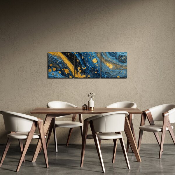 Slika - Plava apstrakcija sa zlatom (sa satom) (90x30 cm)