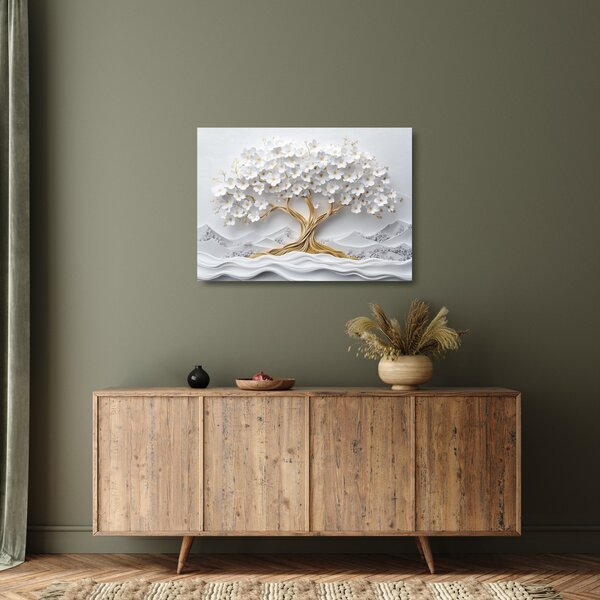 Staklena slika – 3D elegantno drvo života puno cvijeća (70x50 cm)