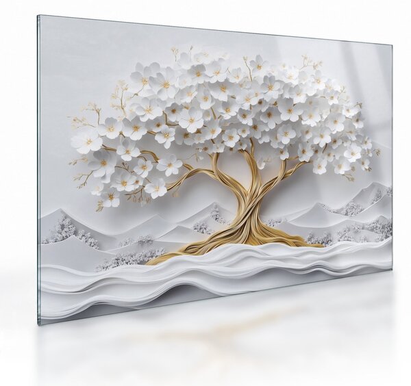 Staklena slika – 3D elegantno drvo života puno cvijeća (70x50 cm)
