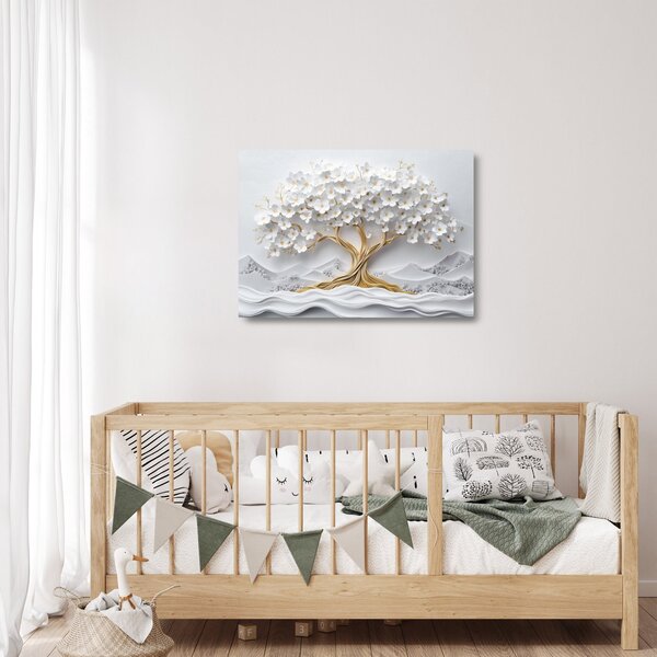 Staklena slika – 3D elegantno drvo života puno cvijeća (70x50 cm)