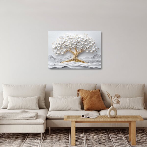 Staklena slika – 3D elegantno drvo života puno cvijeća (70x50 cm)