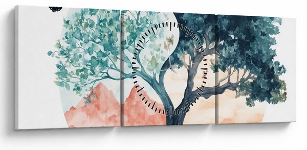 Slika – Akvarelno drvo puno života (sa satom) (90x30 cm)