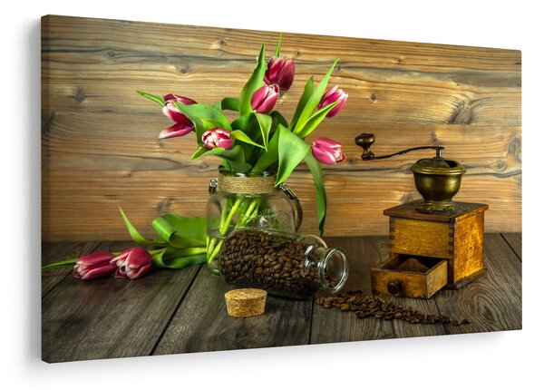 Slika - tulipani, mlinac i kava (90x60 cm)